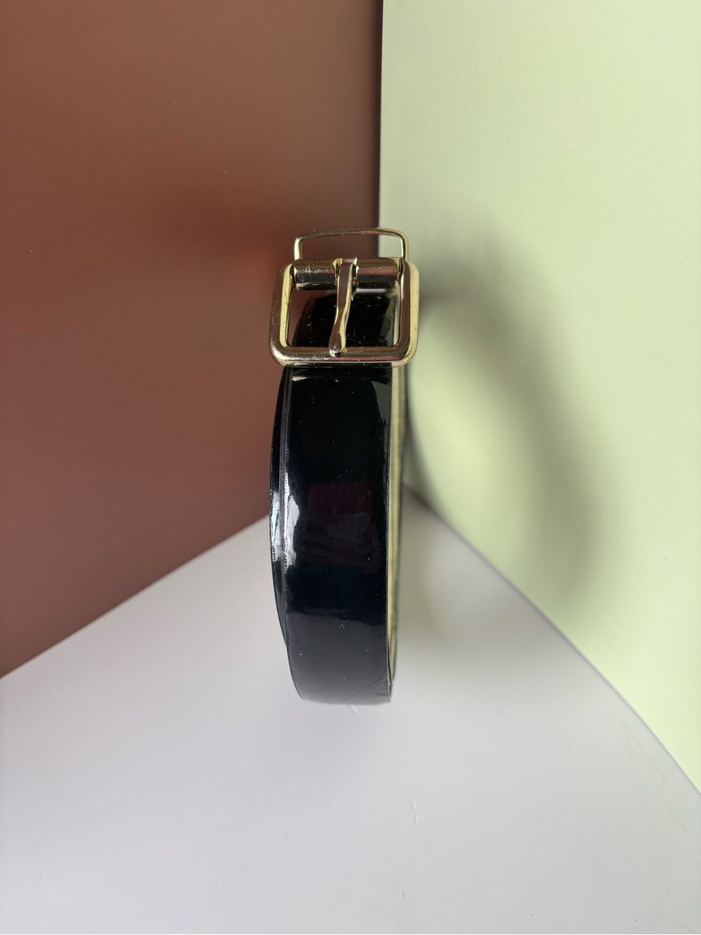 COLE HAAN Classic Black Patent Belt with Gold Buckle and Otherside